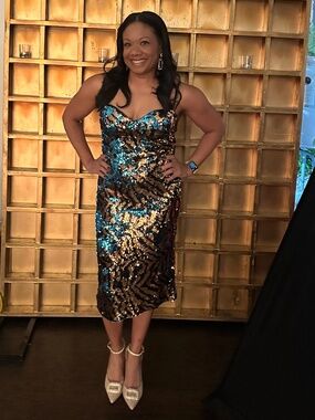 Reversible Gold & Teal Sequin Midi Dress | Color-Changing Bodycon | Size M